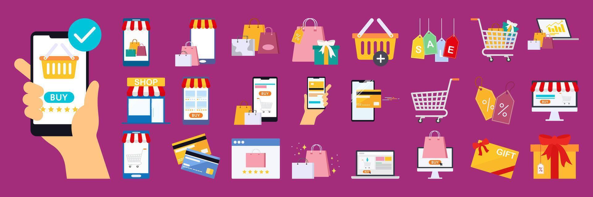 Black Friday online shopping with carts, credit cards, and purchases icon. Buying deals and discounts Set Flat Illustration. vector
