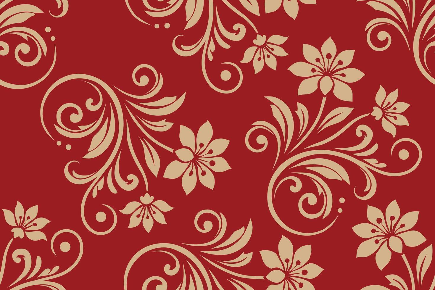 Elegant Red and Gold Floral Damask Pattern with Ornate Swirls and Classic Design vector