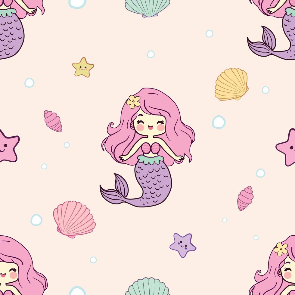 Cute Mermaid Seamless Pattern with Starfish, Shells, and Bubbles in Pastel Kawaii Style vector