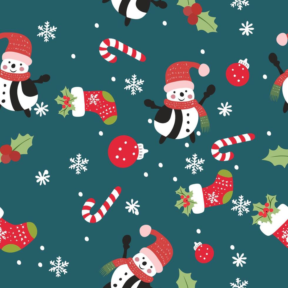 Seamless Christmas pattern with cheerful snowmen, candy canes, stockings and snowflakes on a teal background. Perfect for holiday wrapping paper, textiles and seasonal decorations. vector