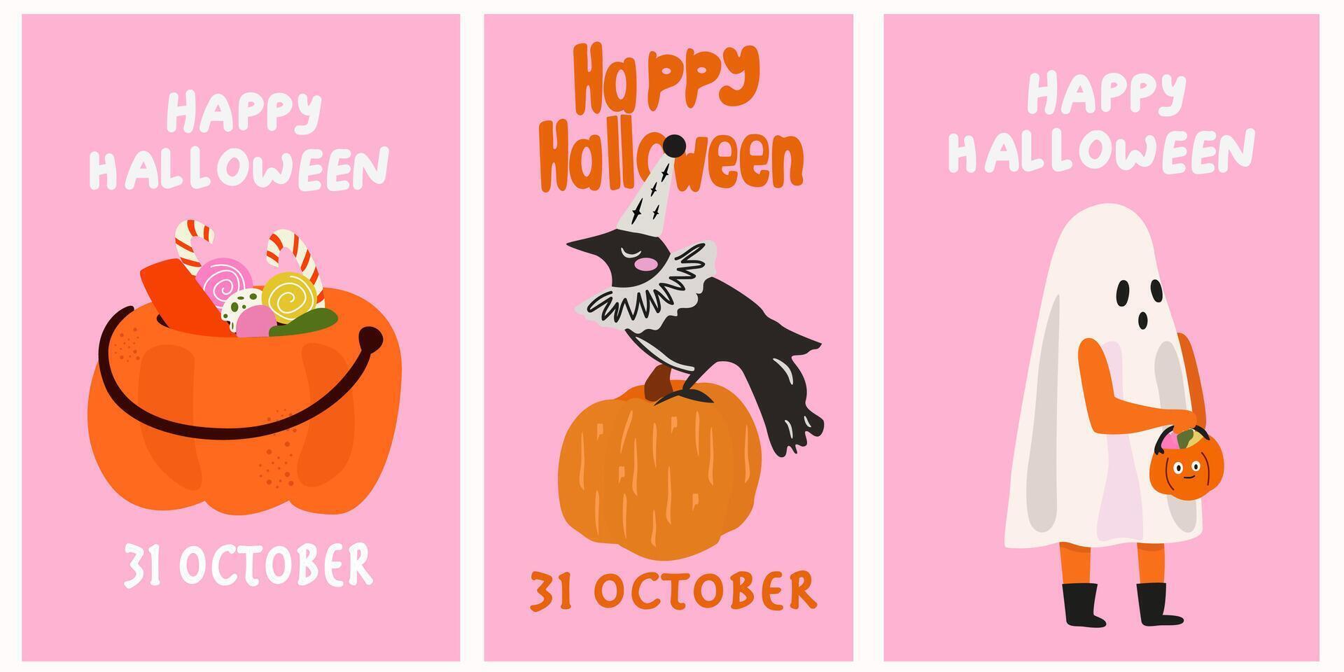 Happy Halloween. Set of cute retro halloween posters. Vintage banners. Ghost, potion cauldron, voodoo doll, magic layer, zombie hands, black crow. Scary groovy placard set vector