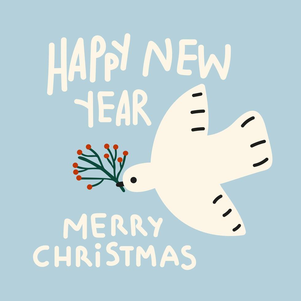 Happy New Year and Merry Christmas cute illustration. A white symbolic bird with a Christmas twig. flat doodle illustration for Christmas greeting cards and invitations vector