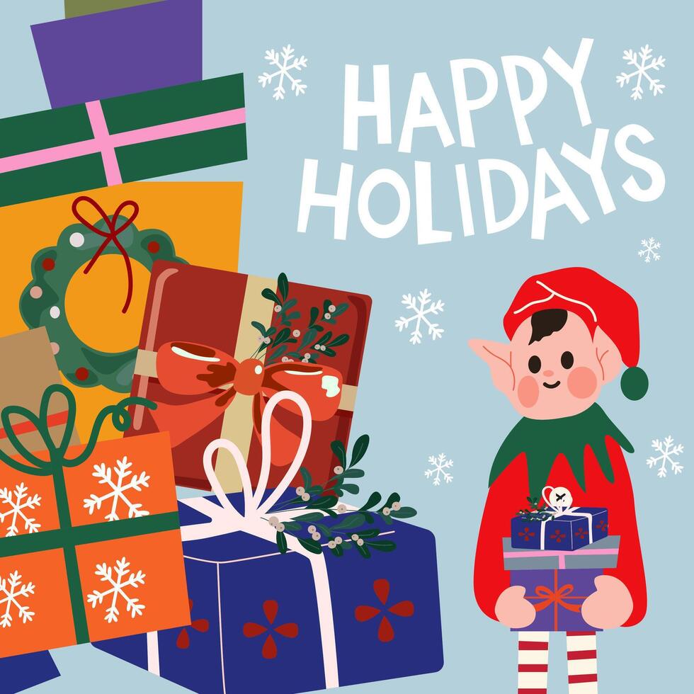 Winter happy holiday illustration. Christmas colored gift boxes and Christmas cute elf with a gift in his hands. White hand drawn inscription. Elements for greeting cards and posters vector