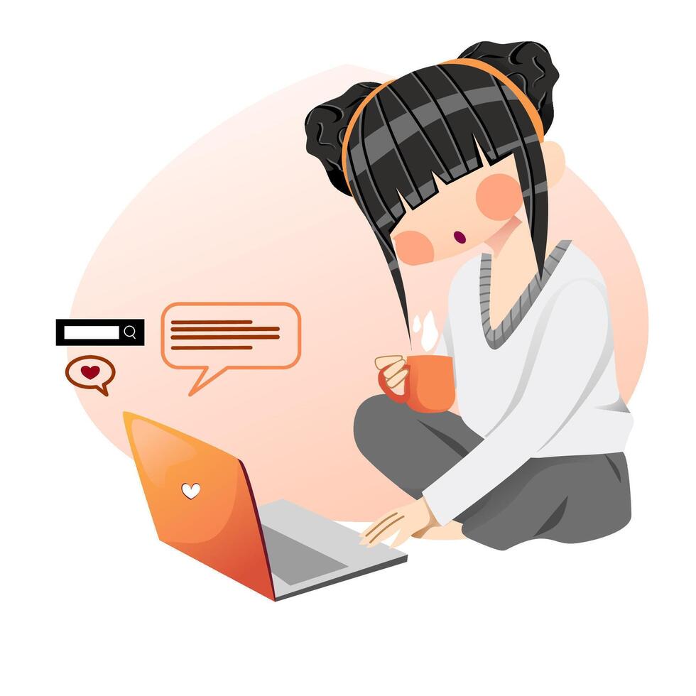 Girl work from home with laptop vector
