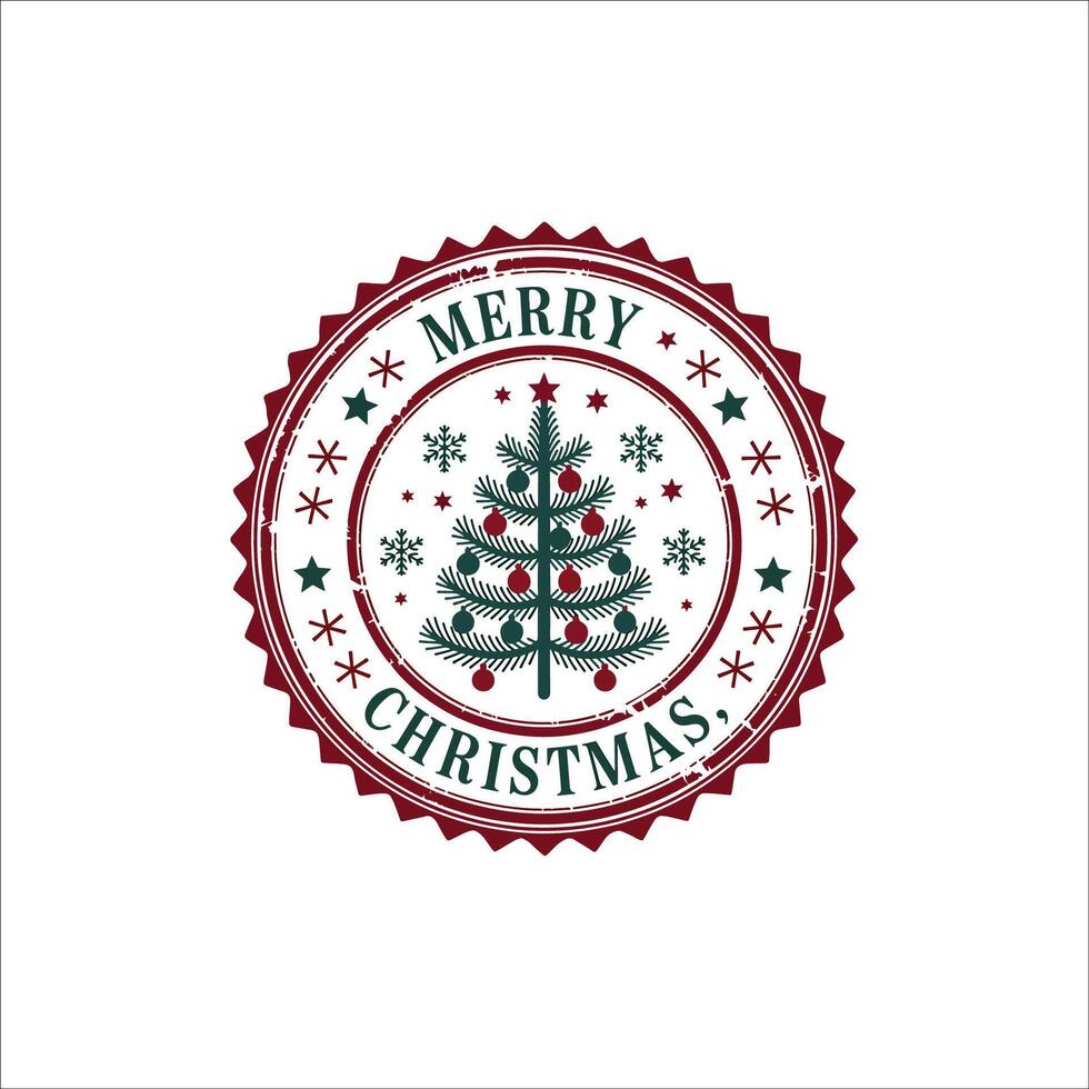 Decorative Christmas Tree Stamp with Baubles and Festive Snowflakes vector