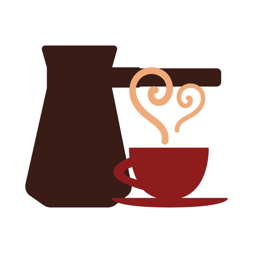 Cup of steaming coffee and a long-handled pot Ibrik vector