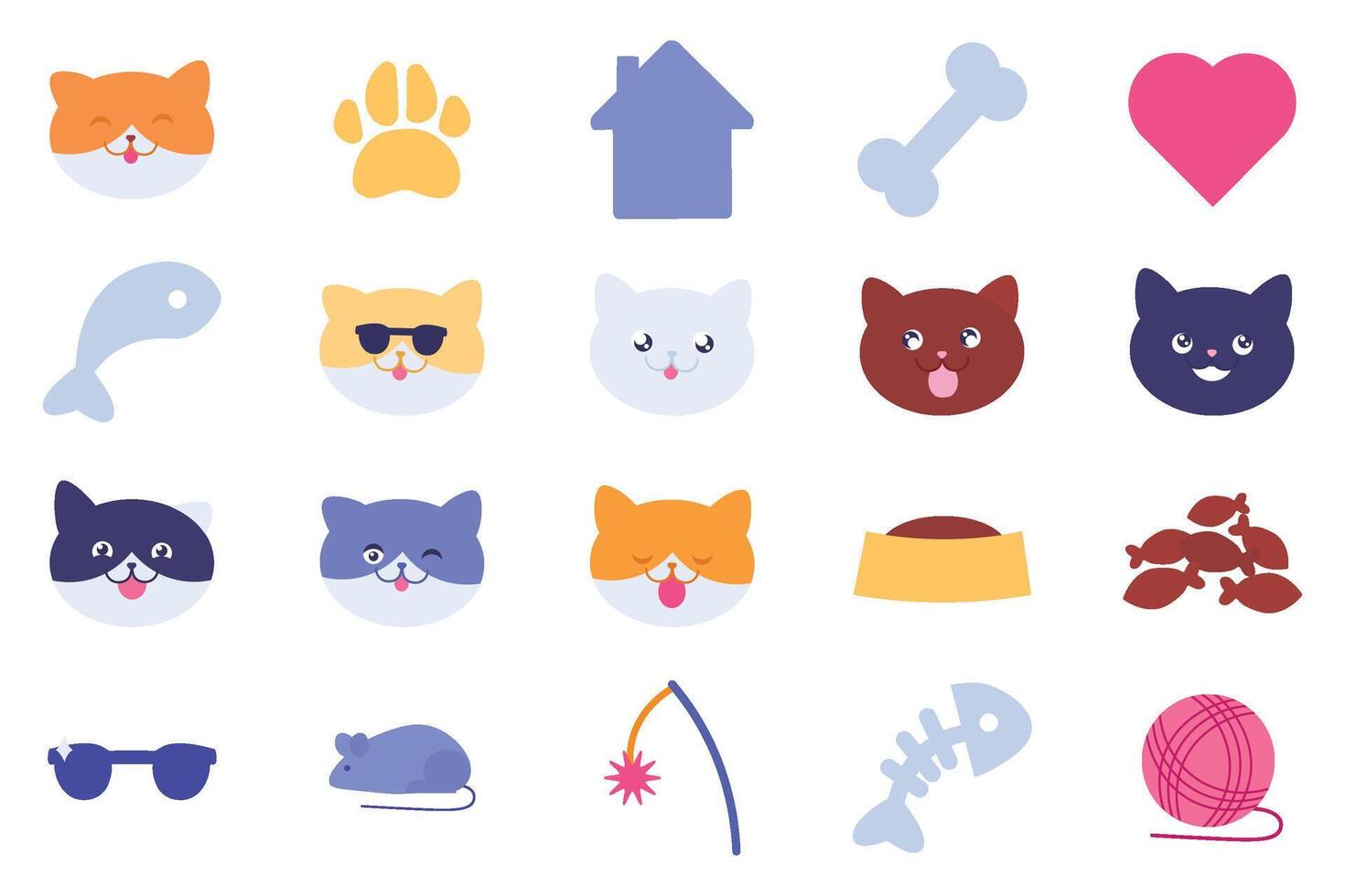 Large Set Of Pet Care Accessories Funny Cat Faces vector