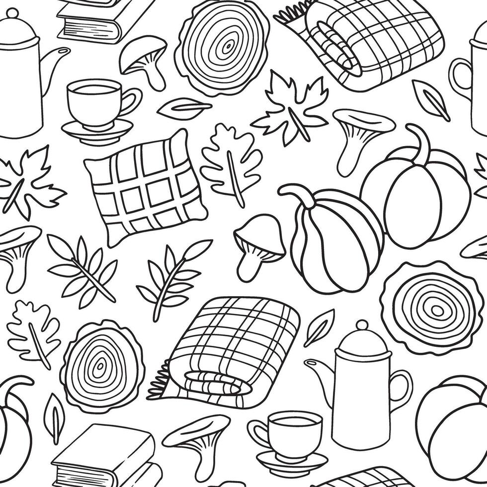 Coloring, cozy autumn drawing, cute illustrations vector