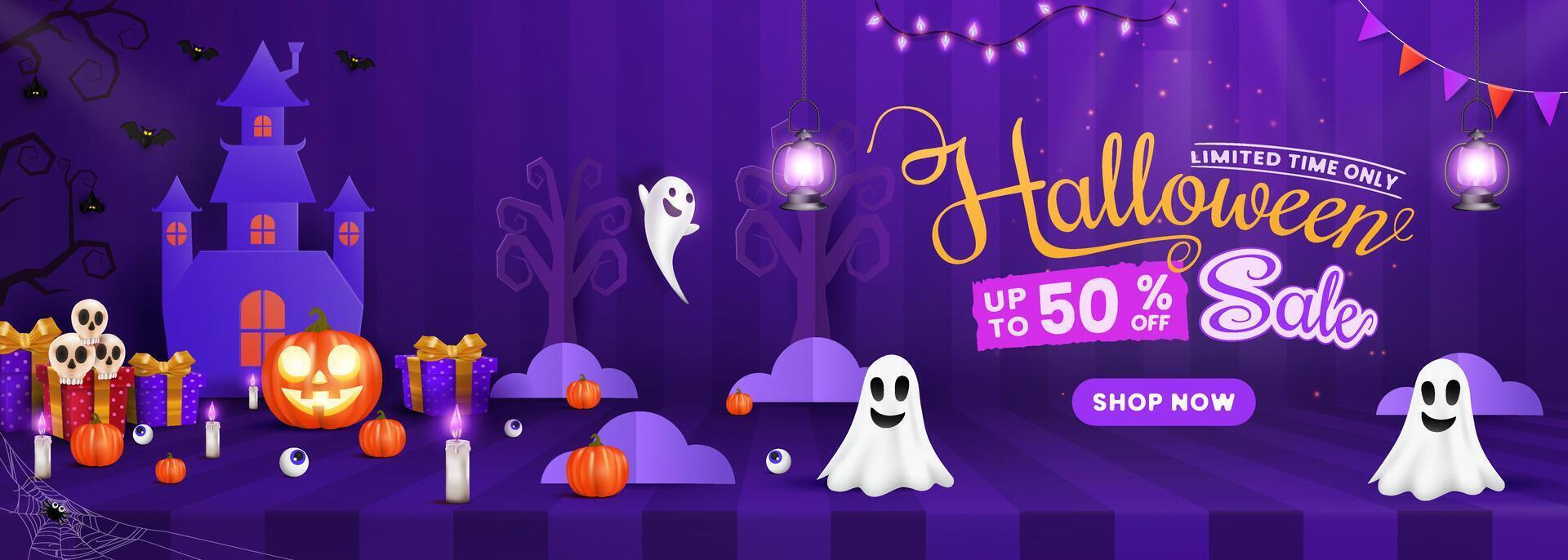 Halloween sale banner featuring pumpkins, candles, lanterns, and bats suitable for greeting card, websites and banners. vector