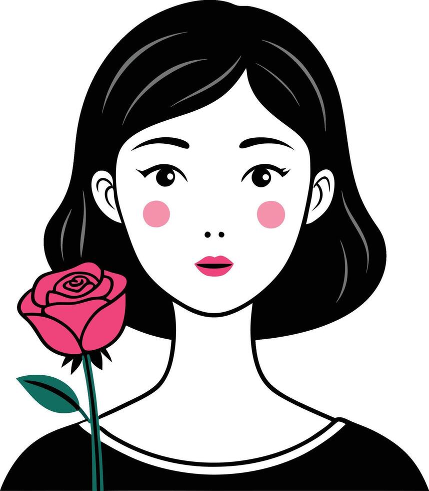 a girl in short hair with pink rose vector