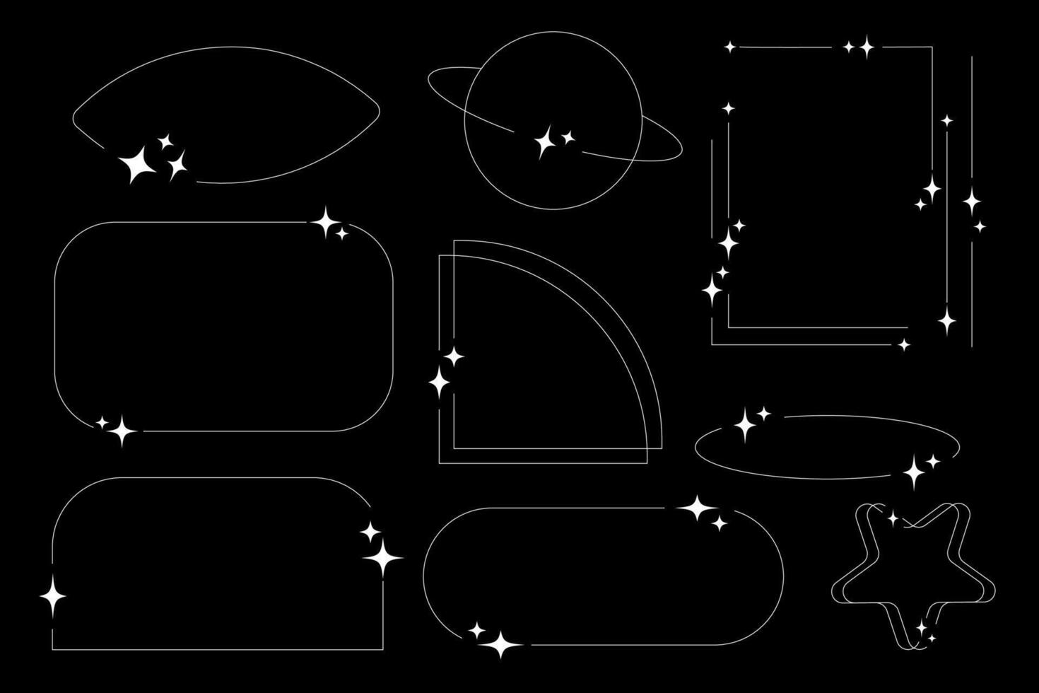 Set of geometric aesthetic abstract white linear frames and shapes with stars in boho brutalism style on black background Y2K vector