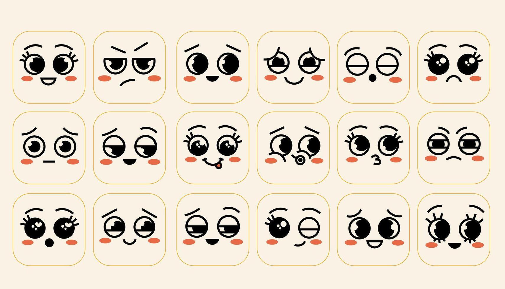 Set of drawn retro cartoon facial expressions, cool comic characters, cute kawaii faces in retro style. Emotions such as happy, sad, angry, surprised. Fashionable modern sleek design. vector