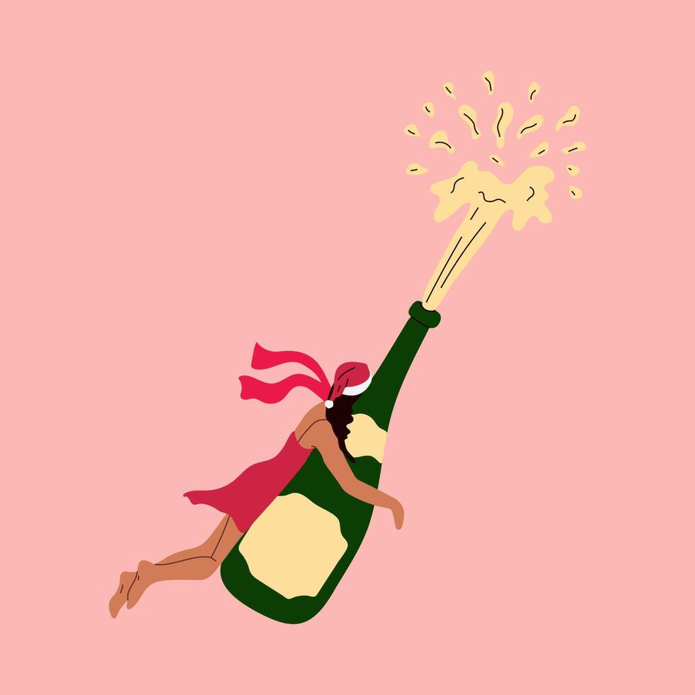 A woman is flying with a bottle of champagne. Happy New Year vector