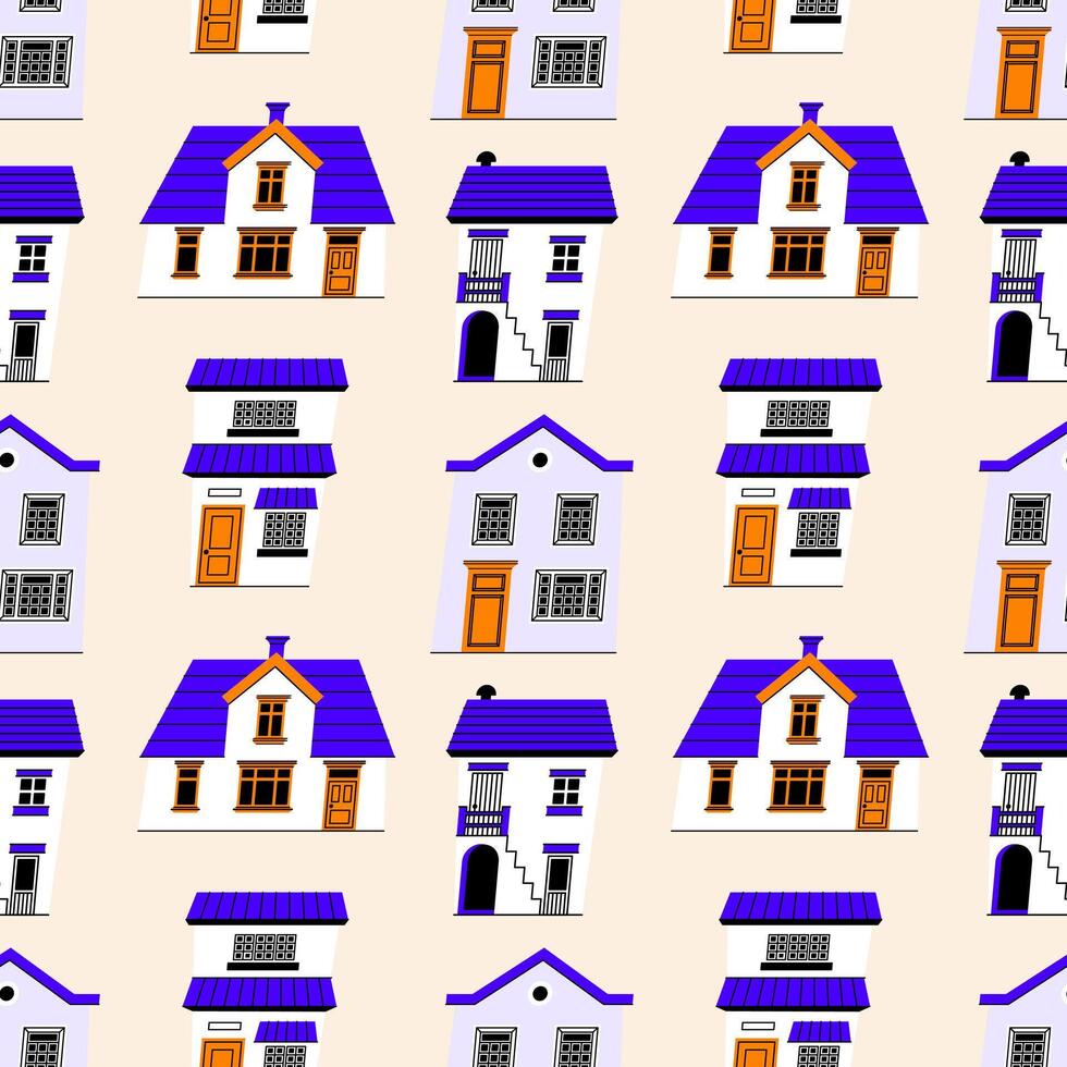 Various European Vintage Cute Houses. Hand Drawn Seamless Pattern. Flat background design. Repeating print for fabric, wrapping paper, textile vector