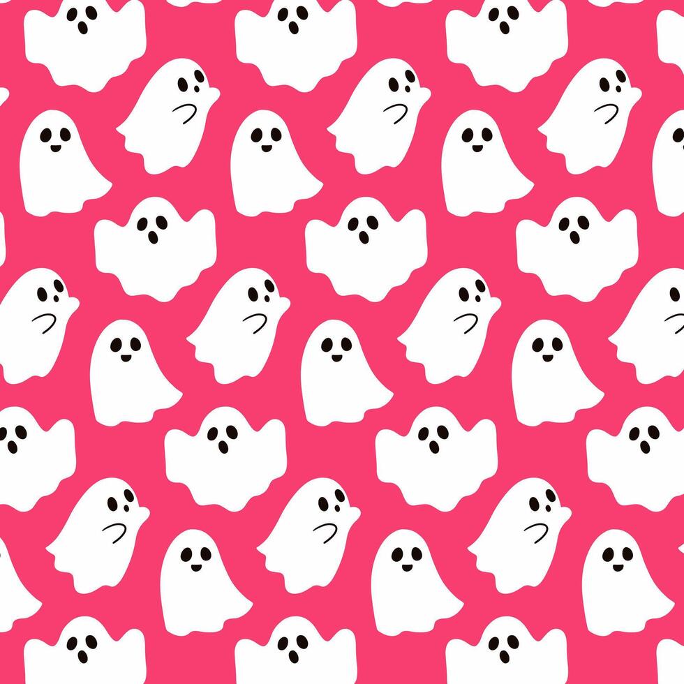 Seamless pattern with cute ghosts on pink. Halloween background design. Repeating print for fabric, wrapping paper, textile vector