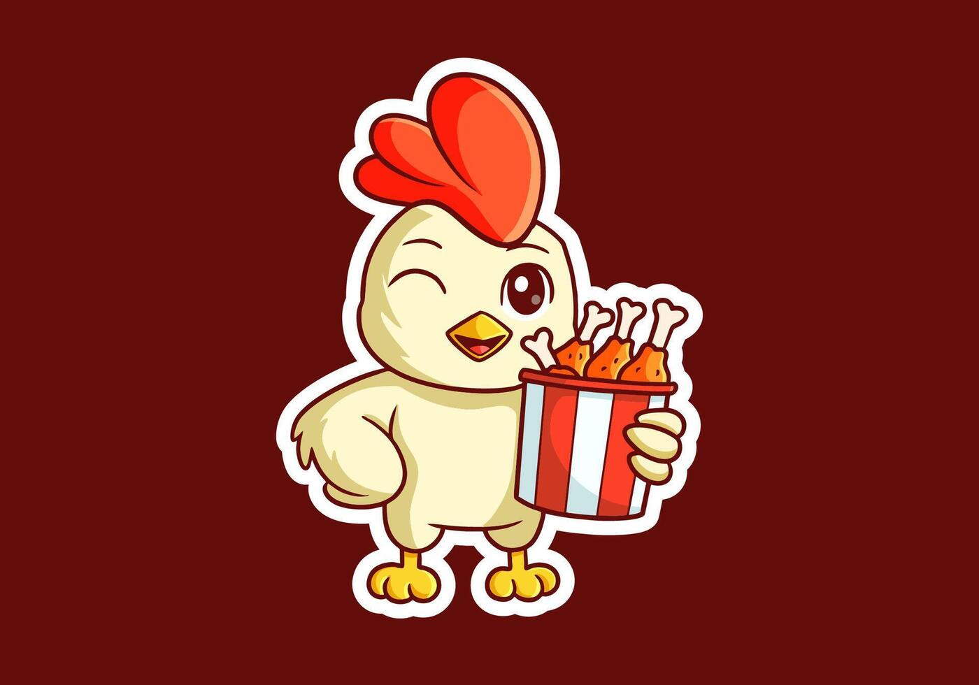 Cute mascot character of chicken or rooster holding a cup of fried chicken. Dark background vector