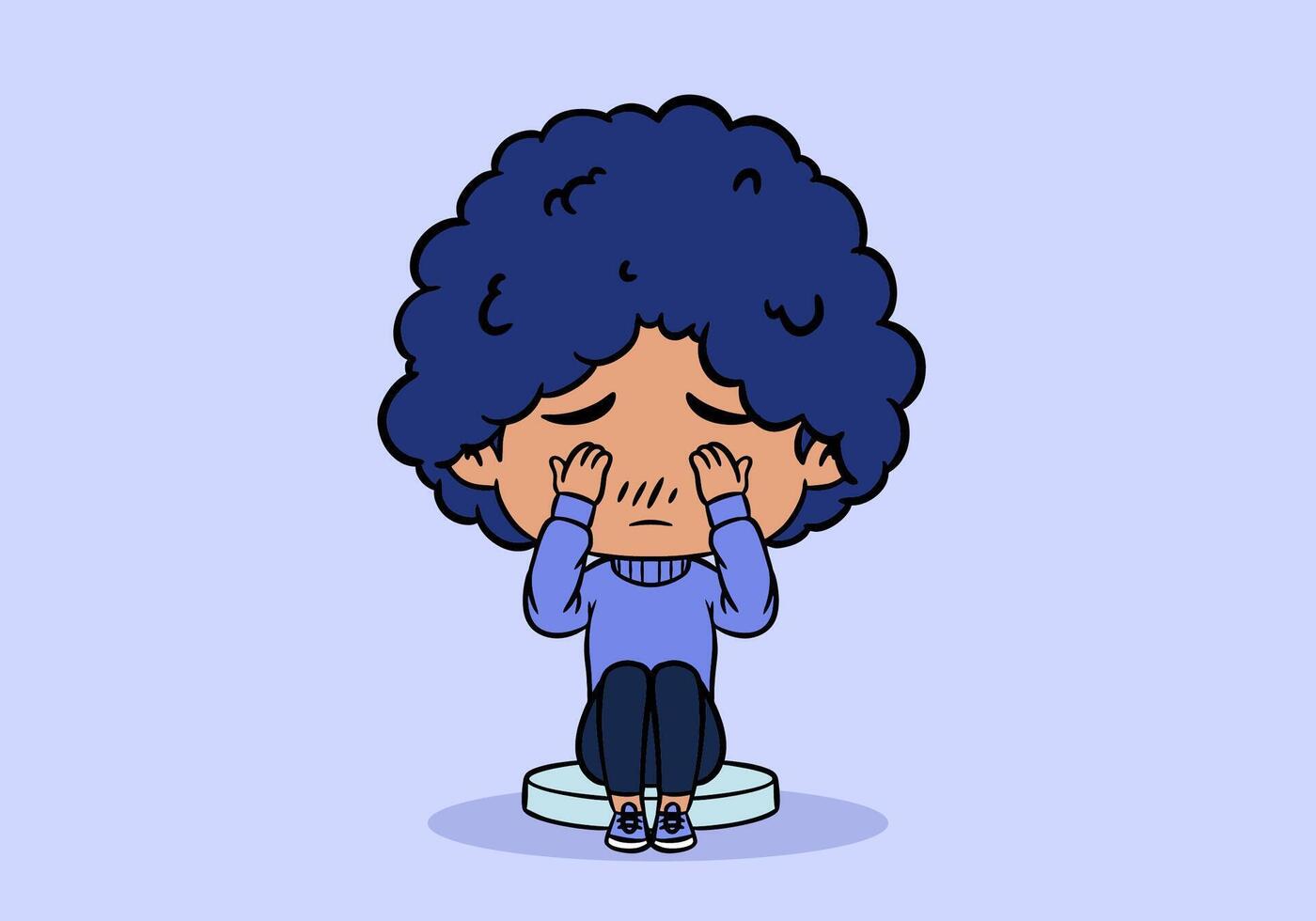Cute curly girl chibi character in crying pose, in full purple background vector
