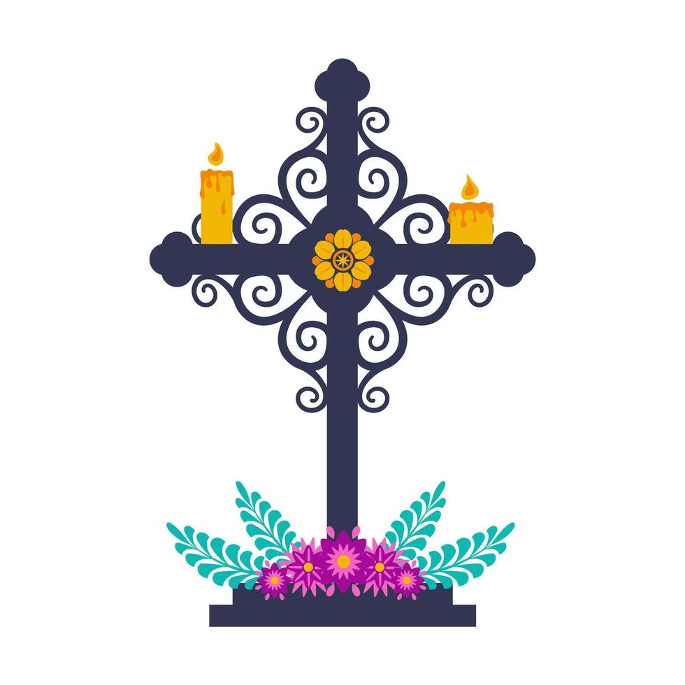 Grave Cross Carriage Memory of the Dead with candles and flowers. Graveyard Tombstone and Cemetery Headstone. vector