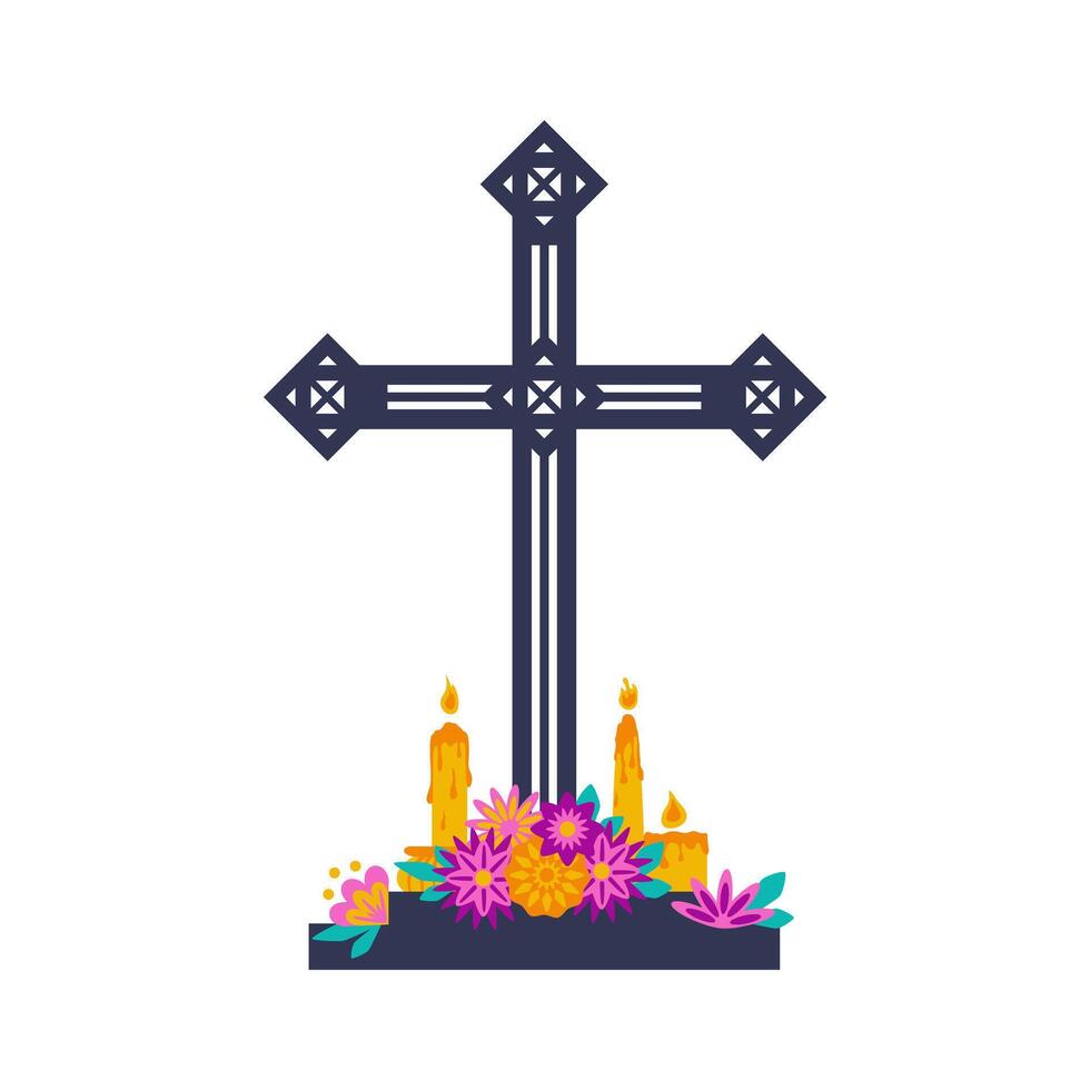Flat Grave Cross Carriage of Memory of the Dead with candles and flowers. Graveyard Tombstones and Cemetery Headstones. vector