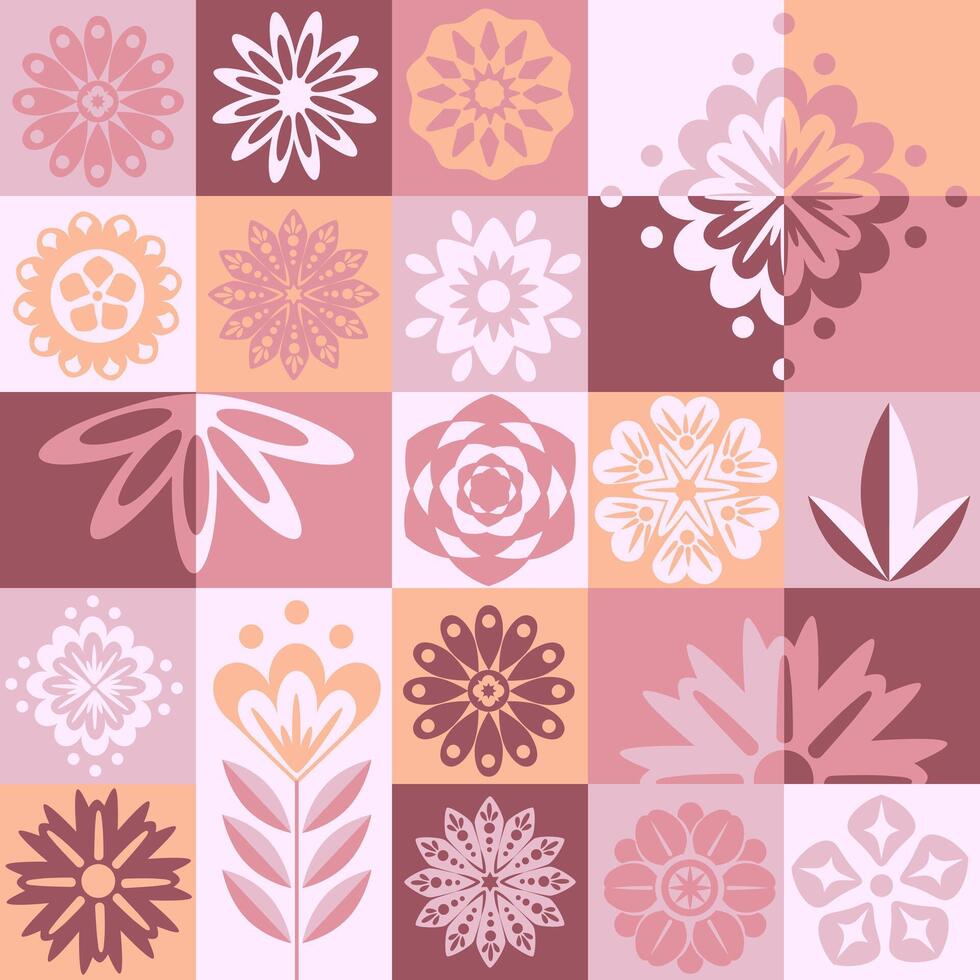 Trengy Mosaic seamless pattern geometric in folk Scandinavian style. Squares with flowers pastel light pink orange tone background vector