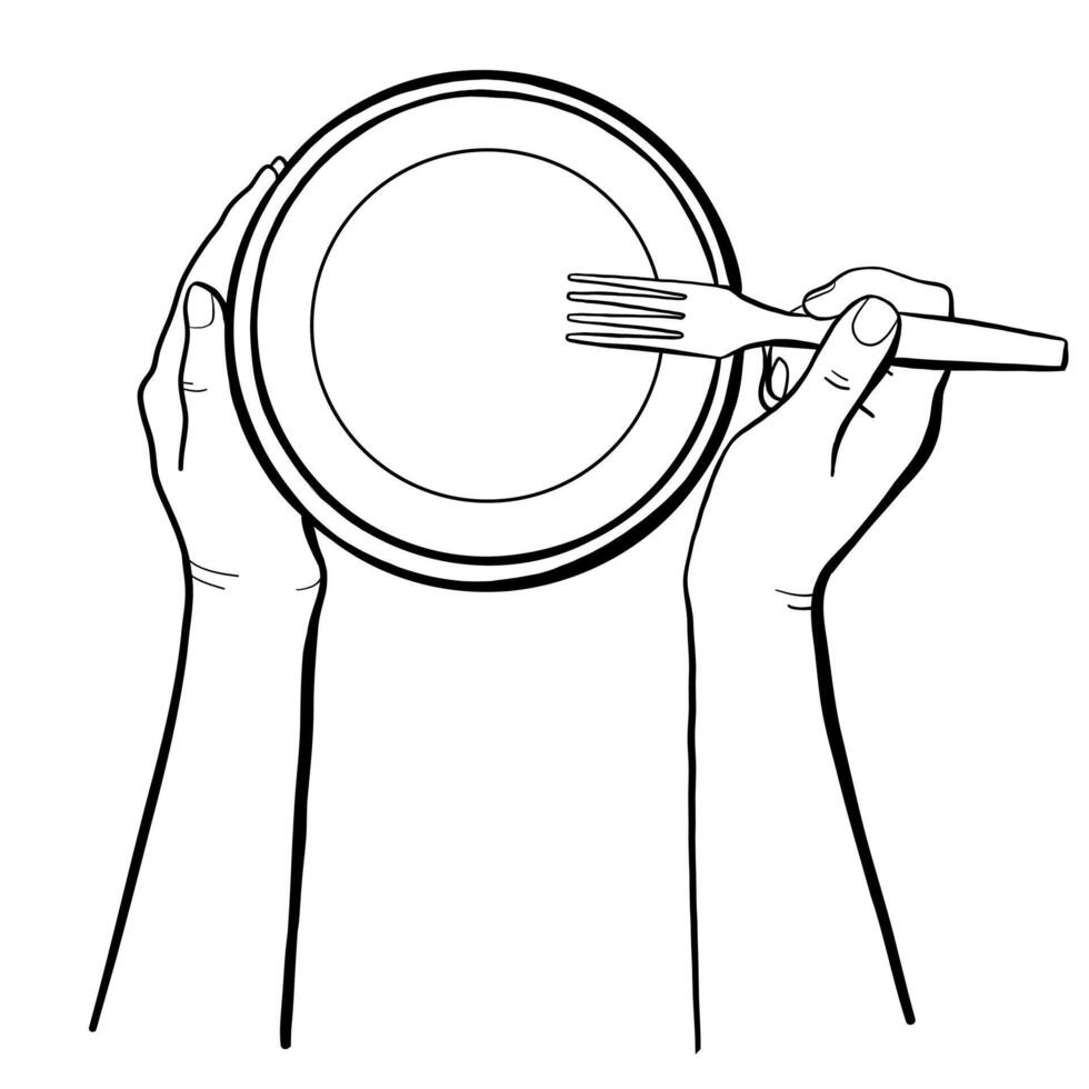 Cooking Gestures Hand Drawn Chef Hands with Plate and Fork. Doodle Illustration vector