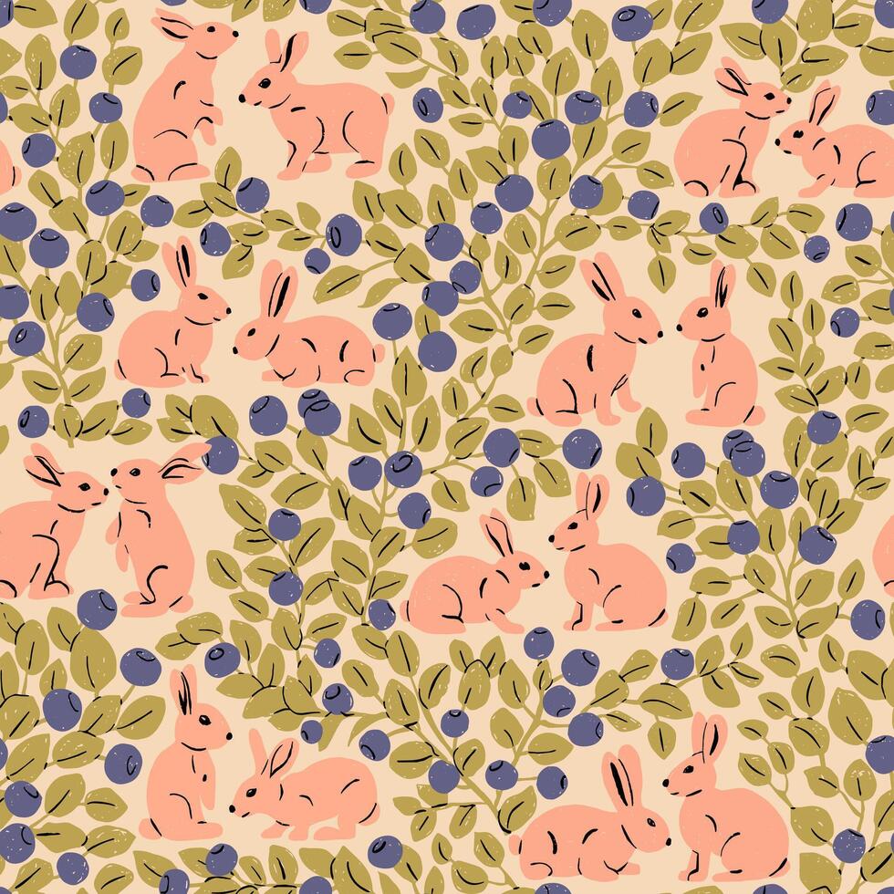 Cute Pink Rabbits and Berry Branches Seamless Pattern for Kids Products vector