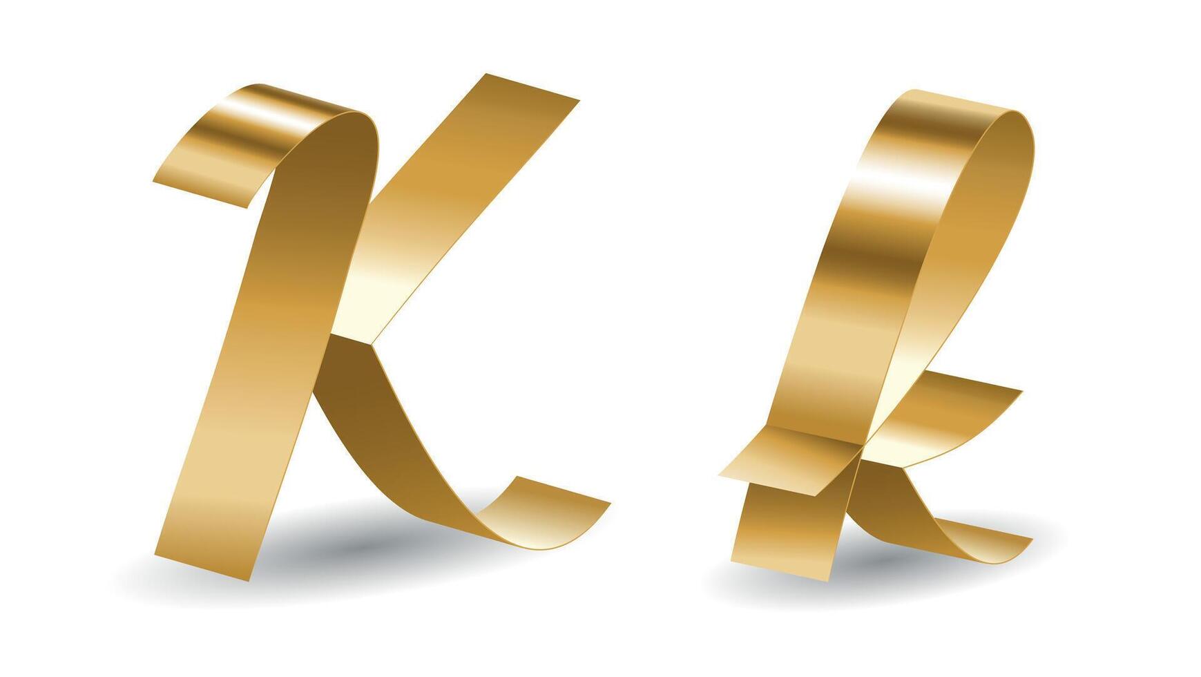 Golden Ribbon K Script Letters with Shadows. Alphabet Signs in Gold Tape Isolated on White Background vector
