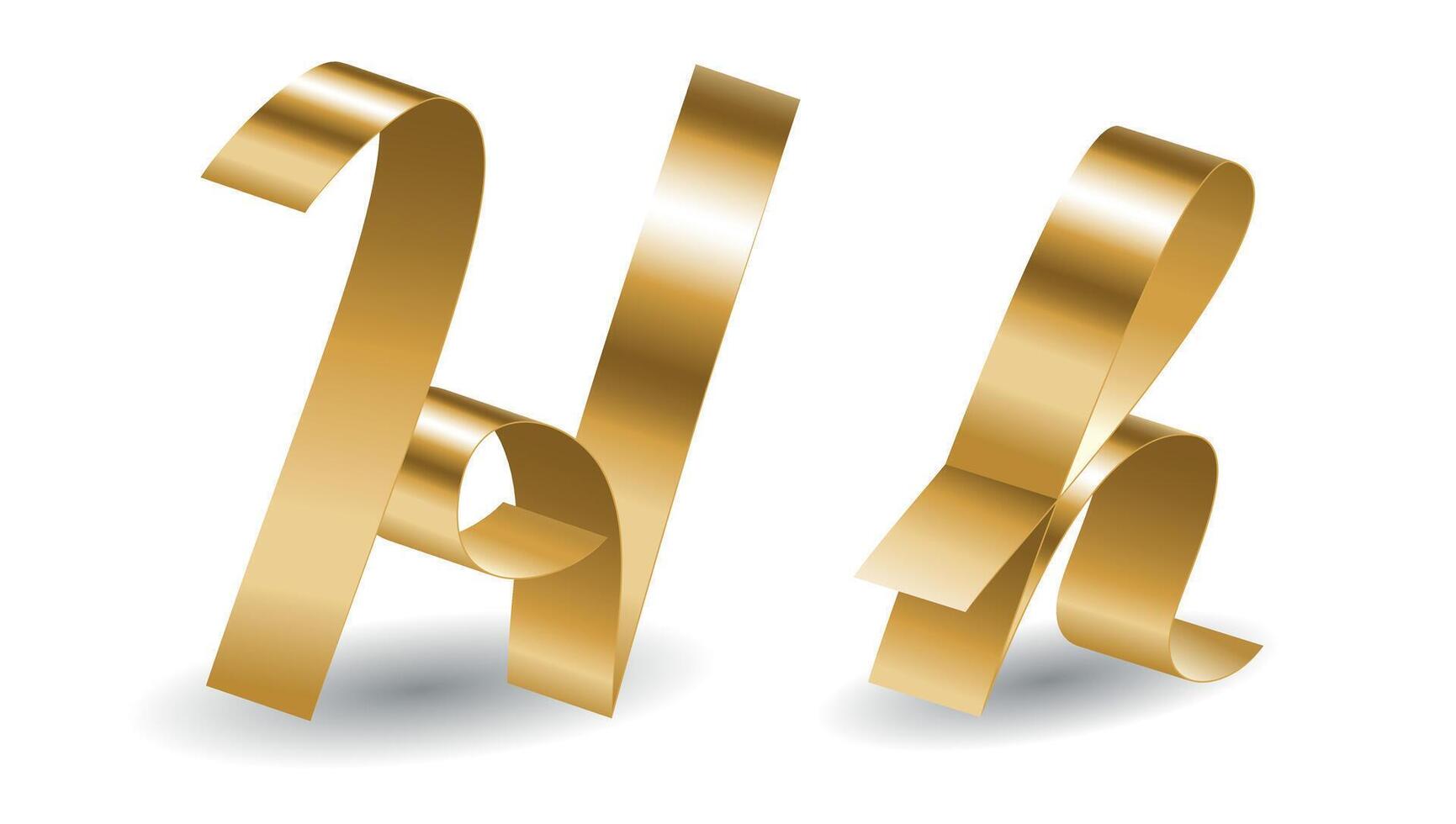 Golden Ribbon H Letters with Shadows. 3D Alphabet Signs Isolated on White Background vector