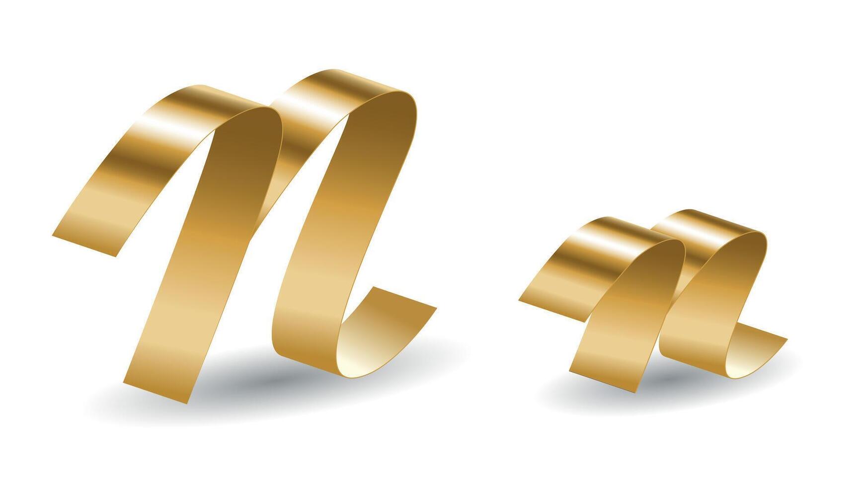 English Golden Ribbon N Letters in Script Lettering Font with Shadows. Alphabet Signs Isolated on White Background vector