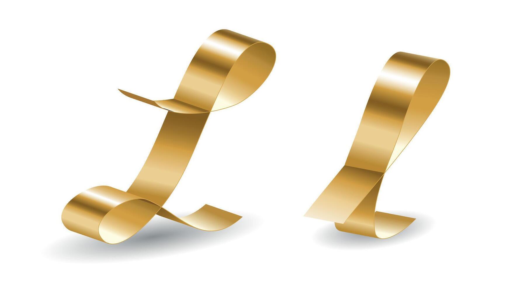 Golden Ribbon L Script Letters with Shadows on White Background. Alphabet Signs for English Font vector