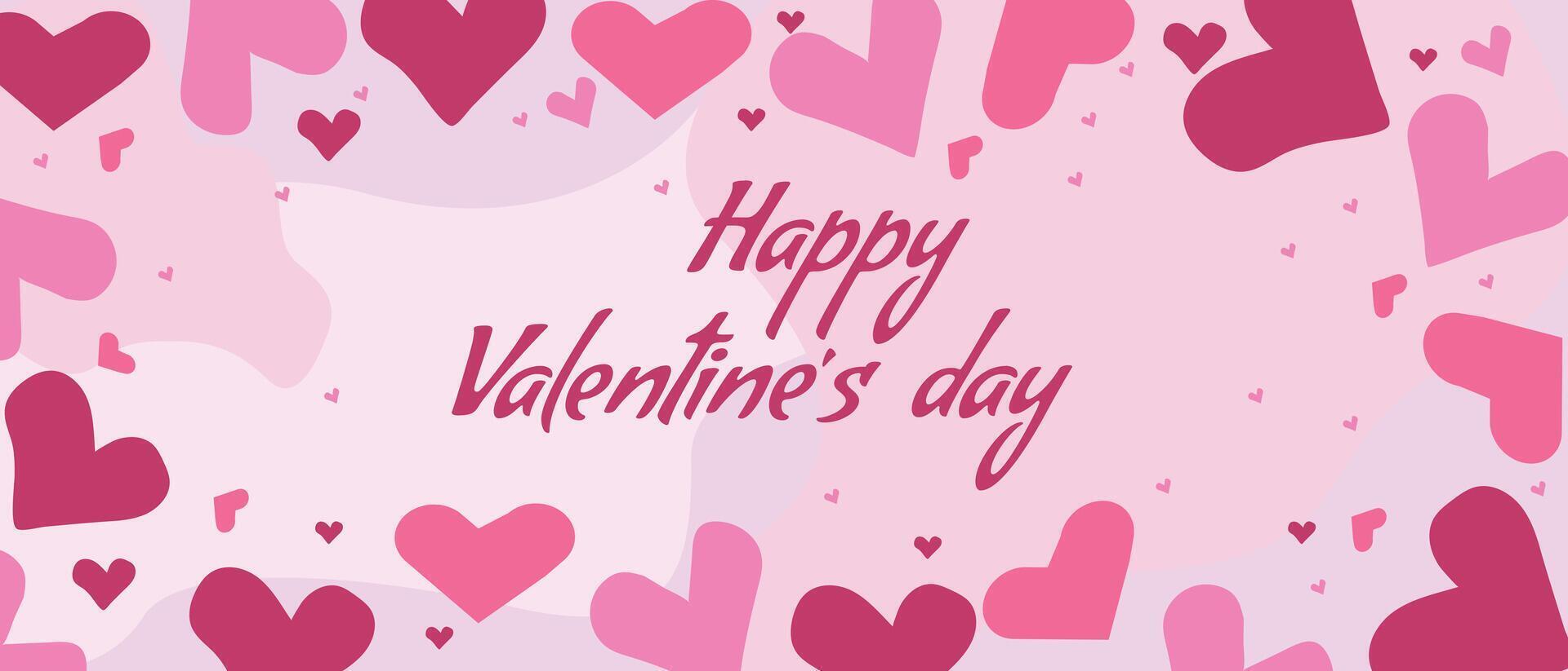 Valentine's day banner with pink and red hearts and handwritten text on light pink background for celebration vector