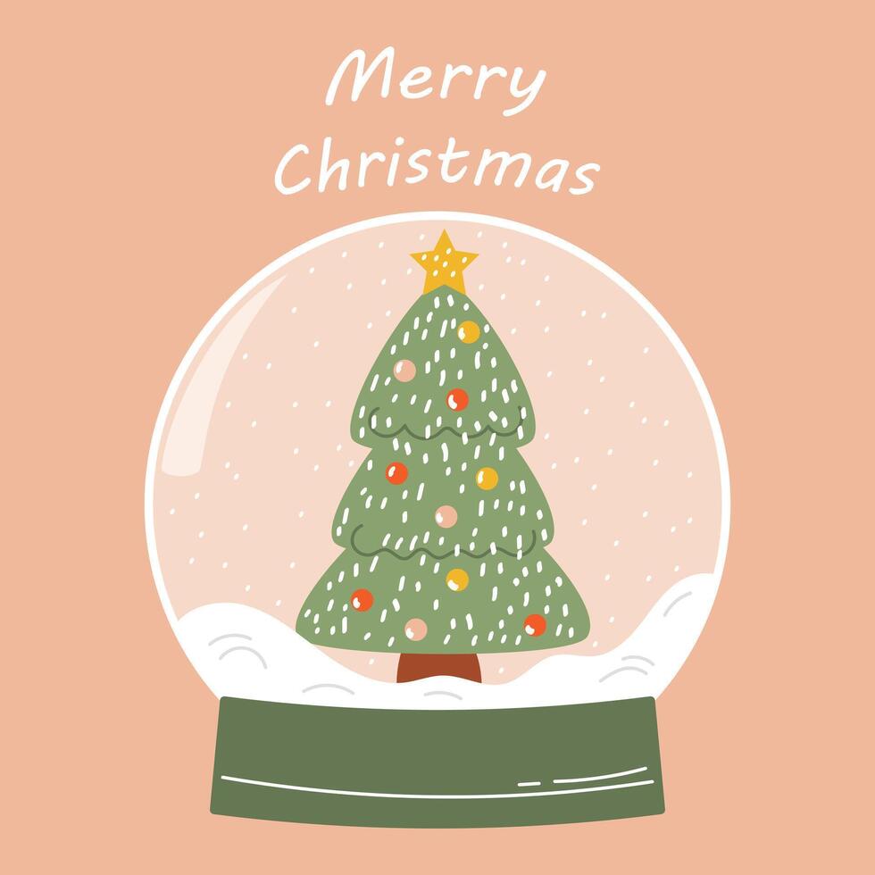A festive illustration of a Christmas snow globe featuring a decorated Christmas tree with ornaments and a golden star on top. The design is minimalist, with soft pastel colors vector