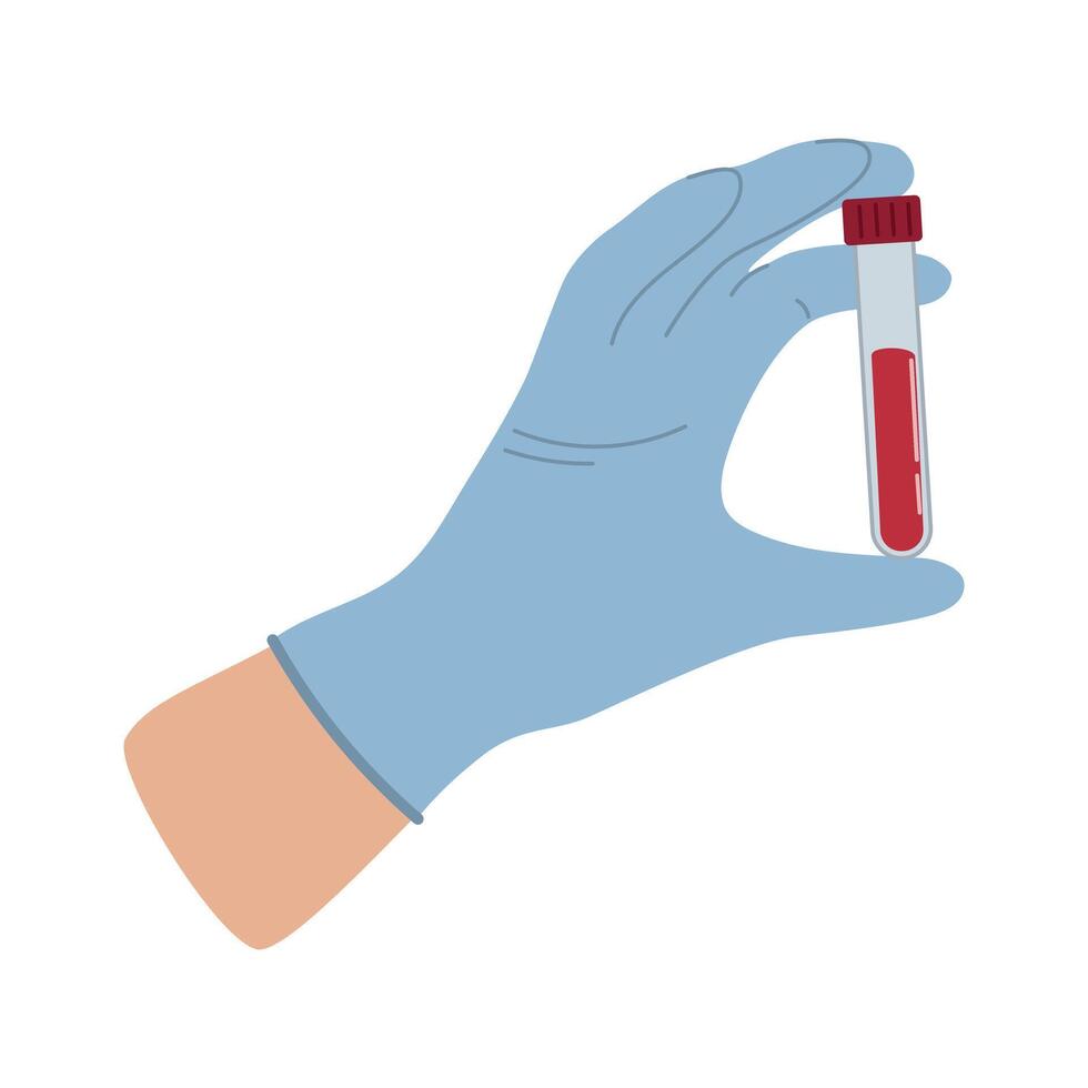 illustration of a gloved hand holding a test tube filled with blood, symbolizing laboratory work, medical analysis, and healthcare diagnostics vector