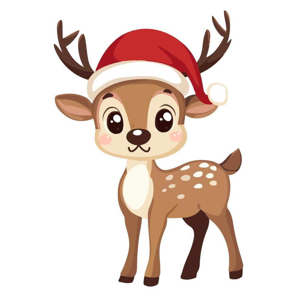 A cheerful cartoon deer wearing a Santa hat stands playfully amidst a festive background, capturing holiday spirit joyfully vector