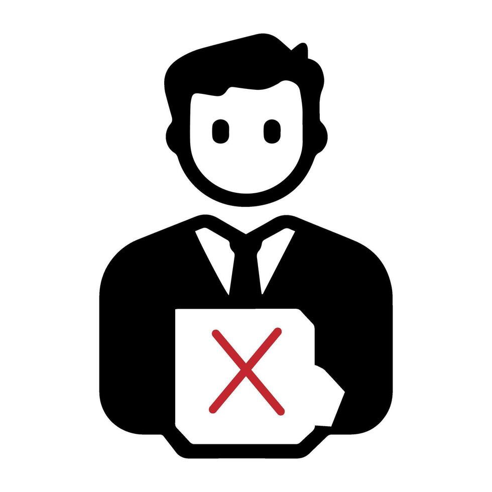 A businessman holding a document with a red cross symbol while wearing a suit in a professional setting during daylight hours vector