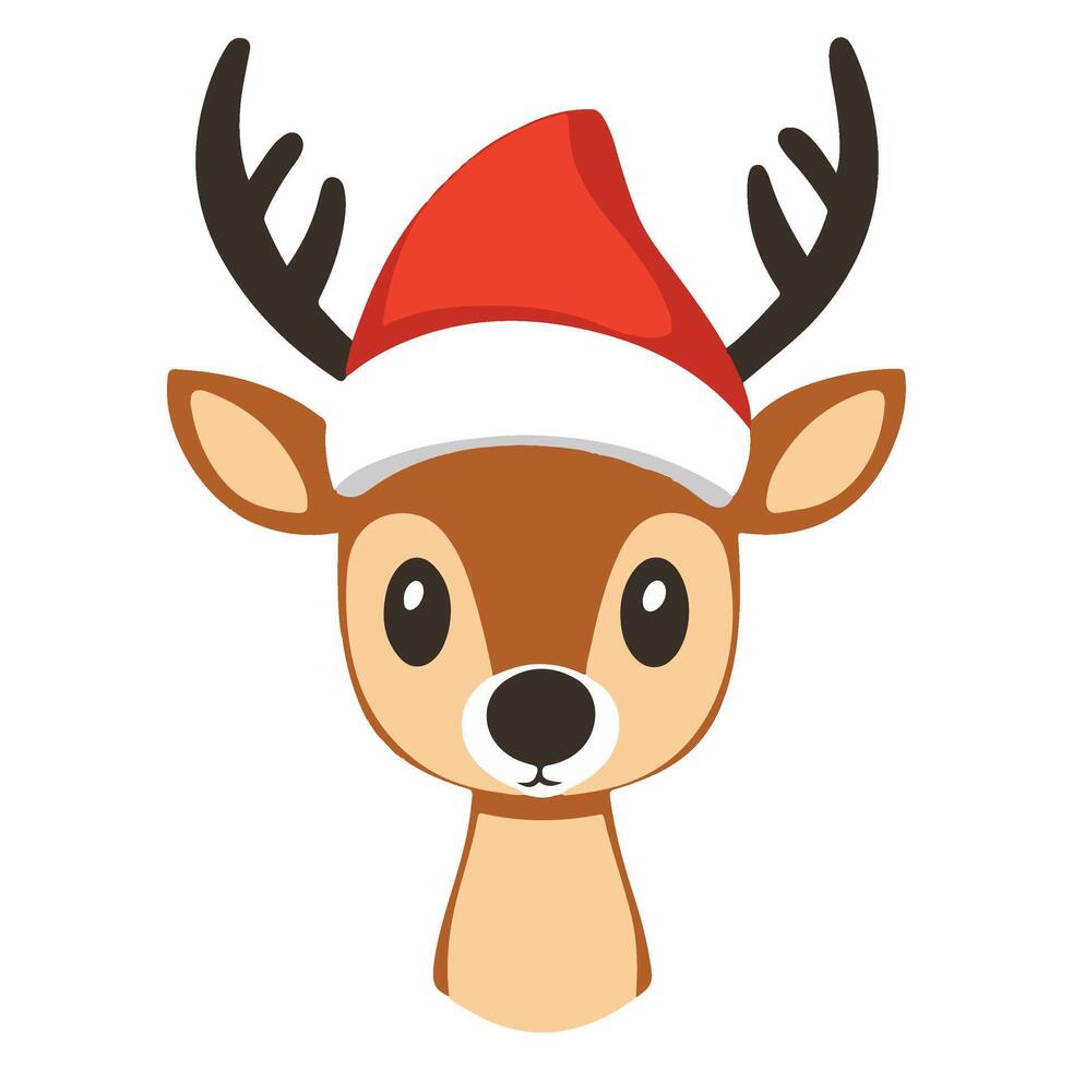 A cheerful reindeer wearing a red Santa hat celebrating the holiday spirit in a festive and playful illustration style vector