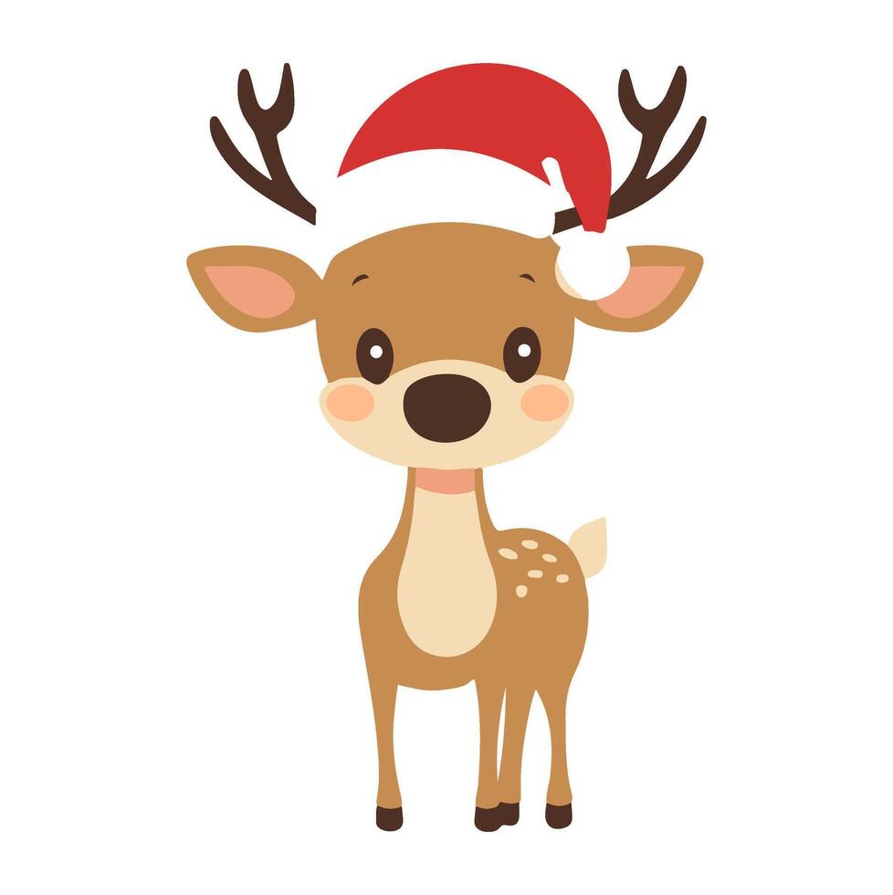 Cute cartoon reindeer wearing a Santa hat with a joyful expression, perfect for holiday-themed designs and decorations vector