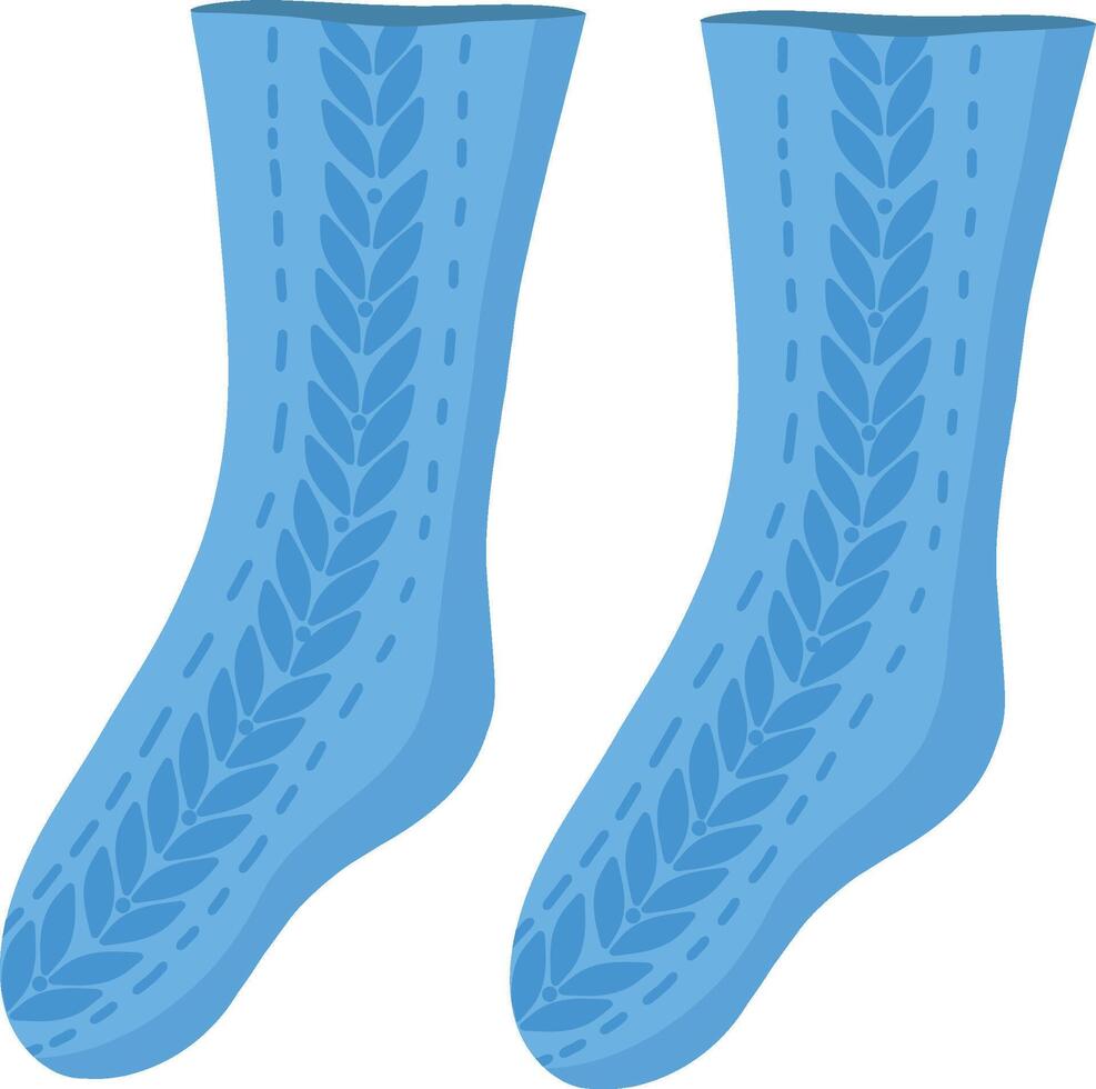 A pair of knitted blue socks with a pattern. Collection of socks, winter illustration. A set of fashionable clothes in an individual style. New Year's illustration. vector
