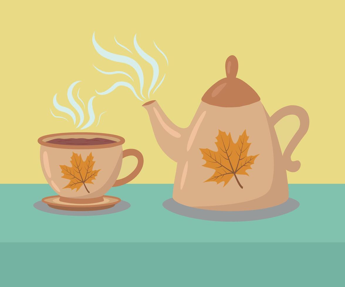 illustration of a teapot and a cup on the table. The ceremony of tea drinking on herbs. A kettle for making healthy hot drinks. Autumn illustration. vector