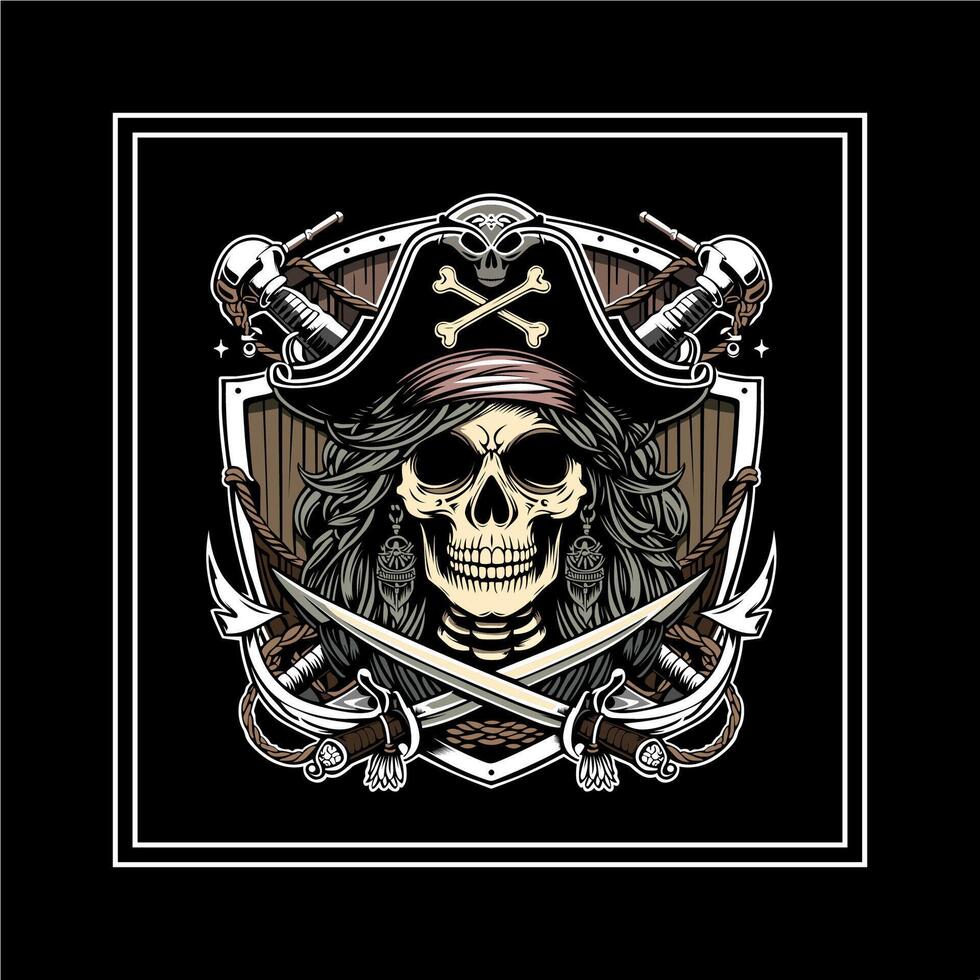 pirate skull with crossed swords and shield on black background vector