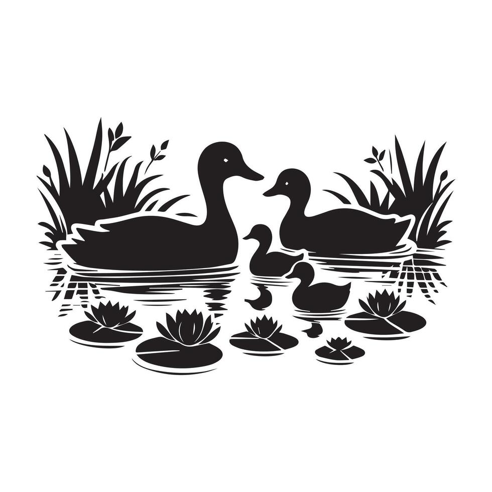 ducks in the pond silhouette illustration vector