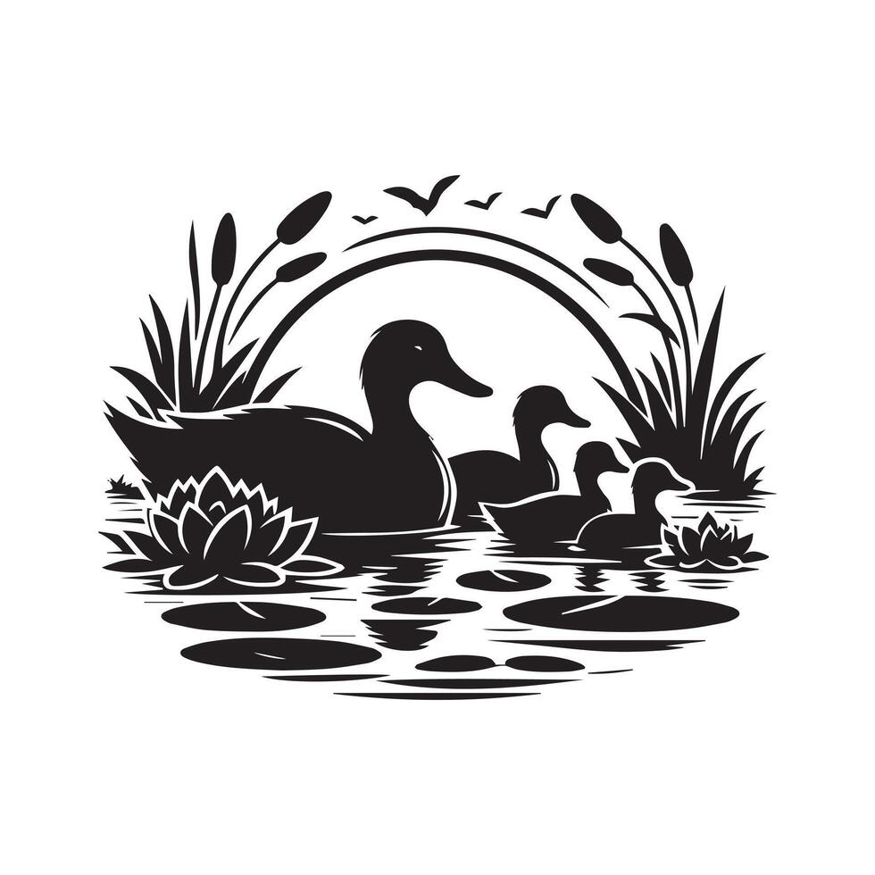 ducks in the water with reeds and lily pads vector