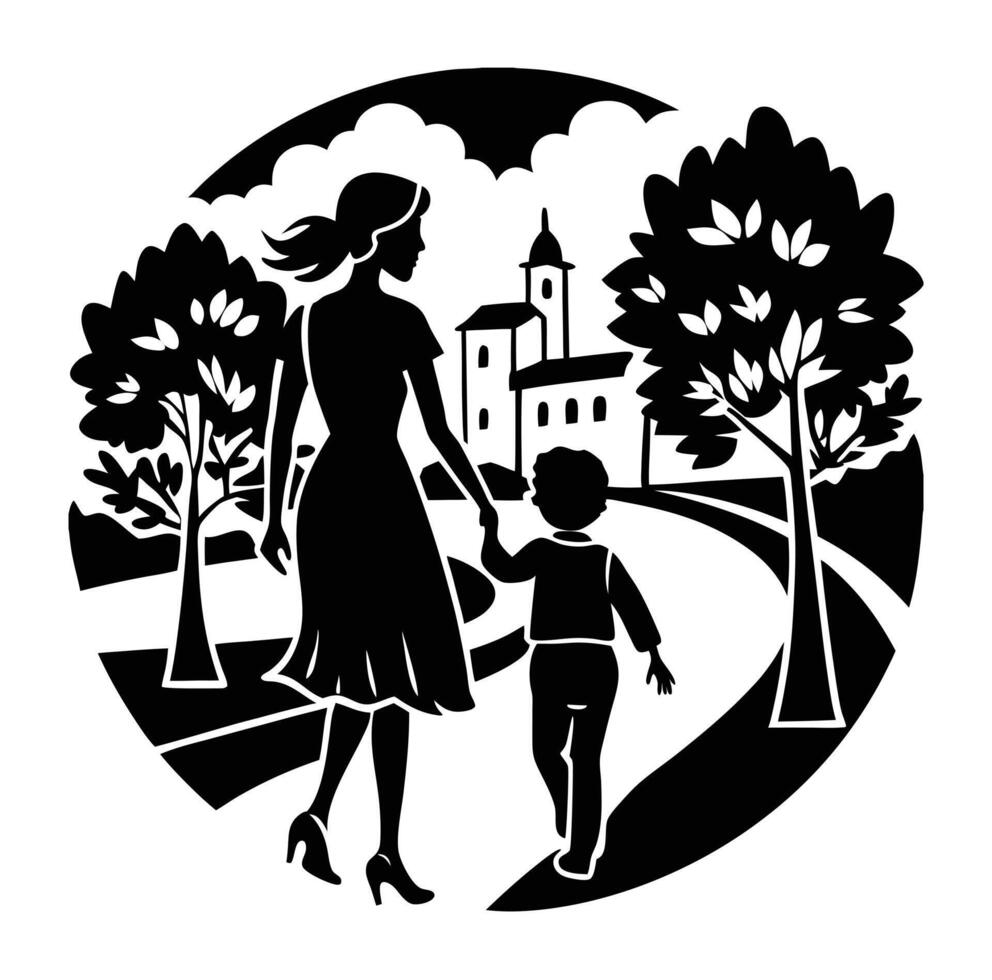 silhouette of a woman and child walking in the park vector