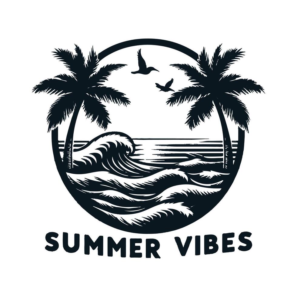 summer vibes logo with palm trees and waves vector