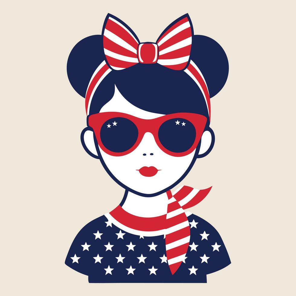 a girl wearing sunglasses and a bow tie with an american flag vector