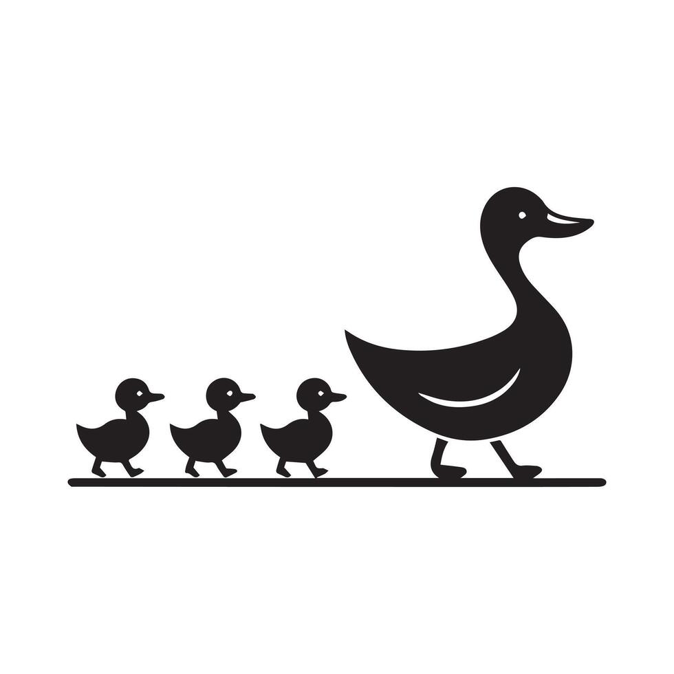 a black and white silhouette of a duck and three babies vector