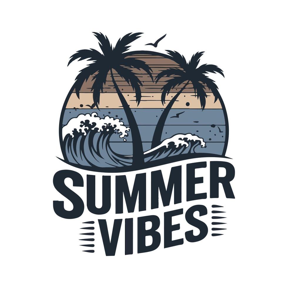 summer vibes logo design with palm trees and waves vector