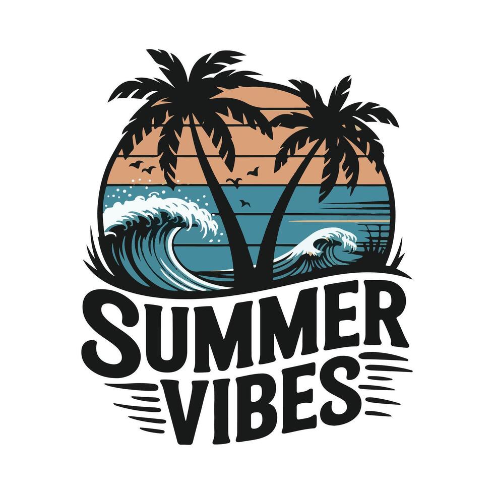 summer vibes logo with palm trees and waves vector