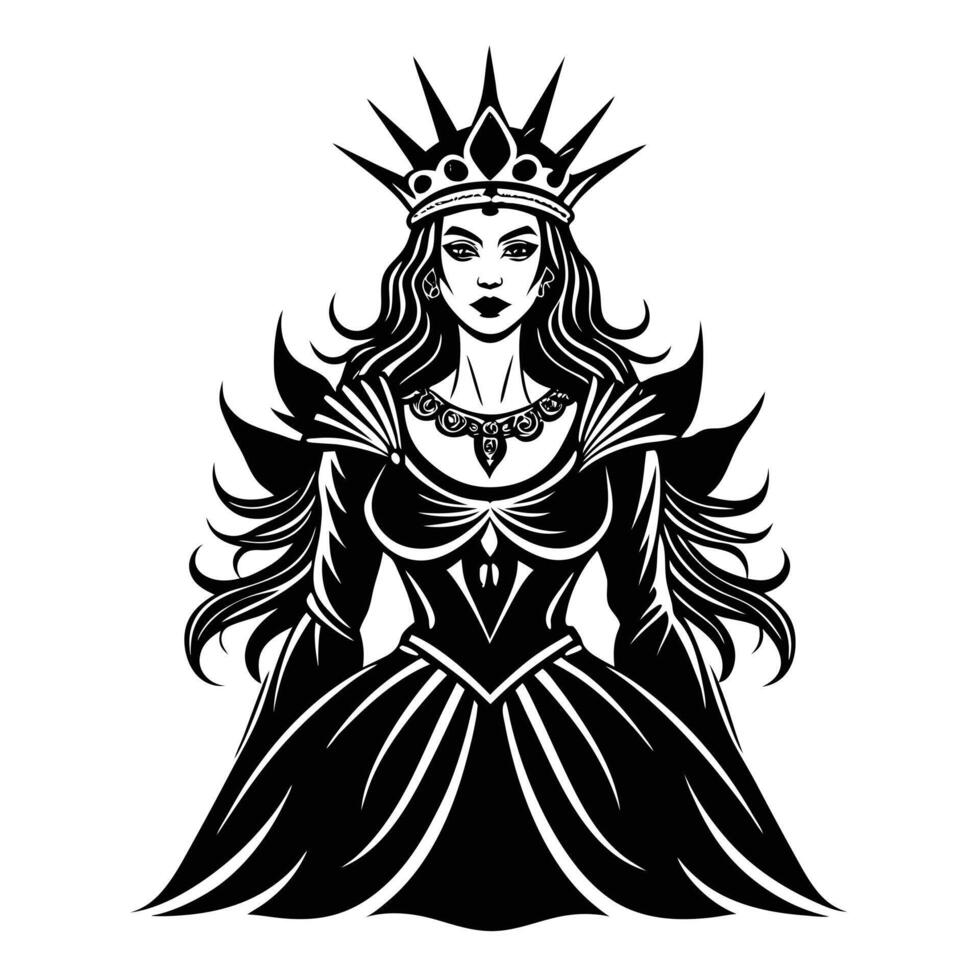 a black and white illustration of a queen with long hair vector