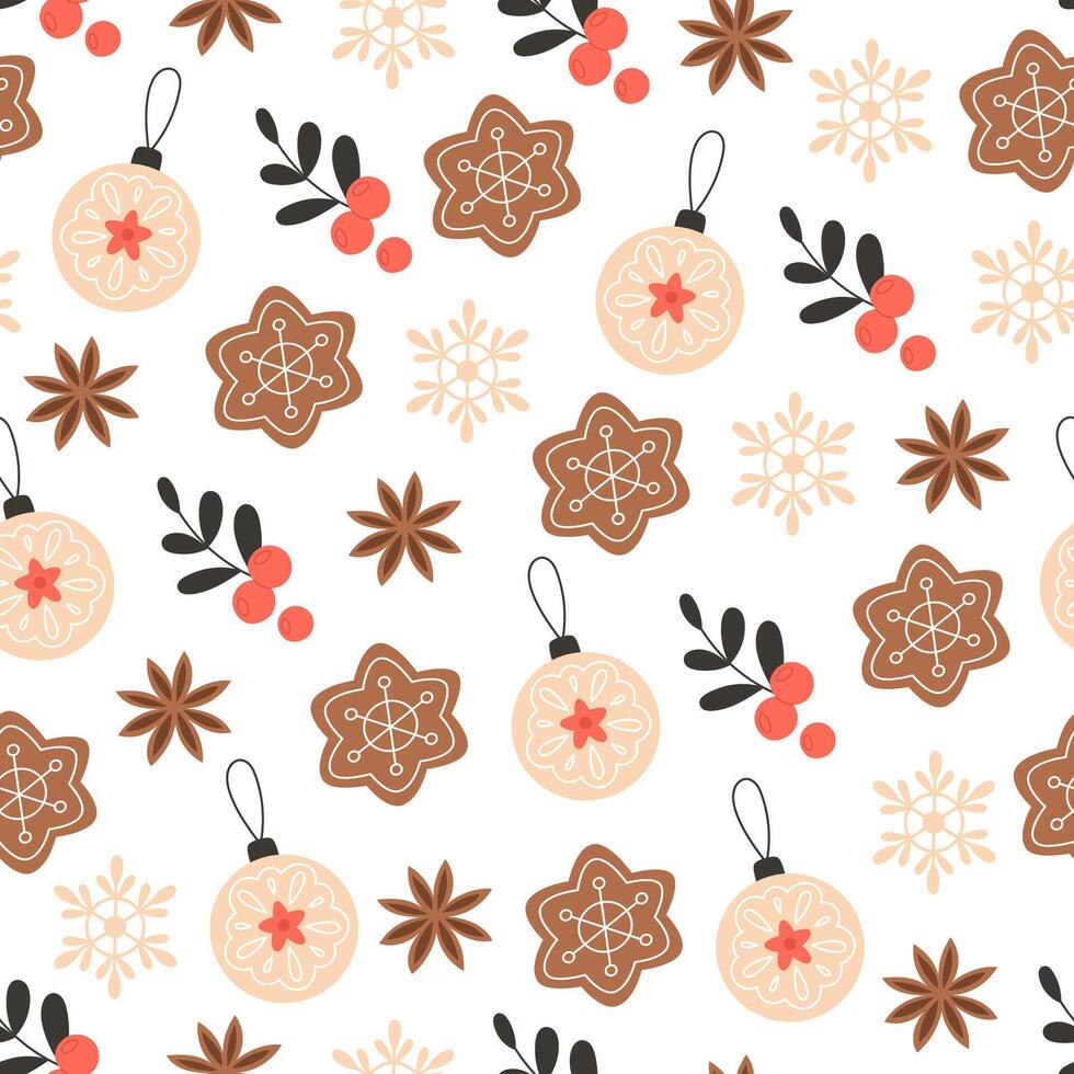 Holiday Pattern with Gingerbread Cookies, Snowflakes, and Glass Decorations vector